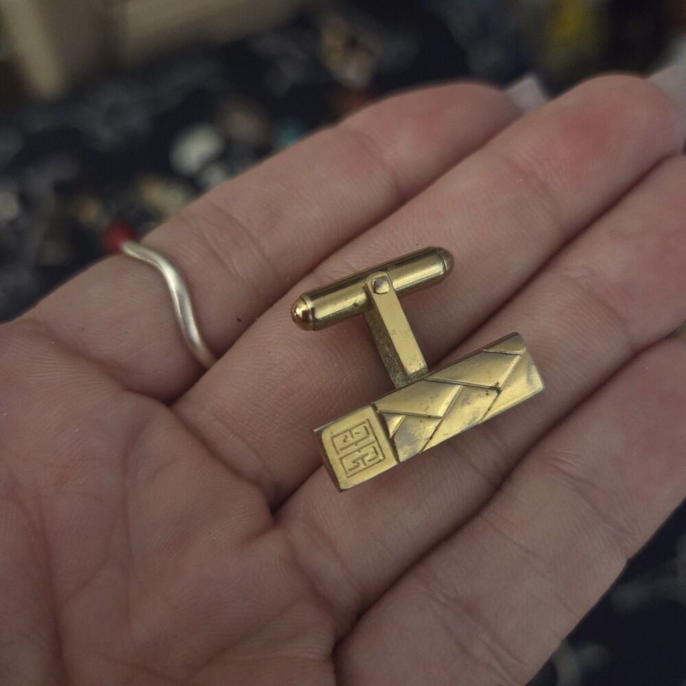 Vintage Givenchy Gold Tone Cufflink Single 1980s Geometric 4G Logo Designer...